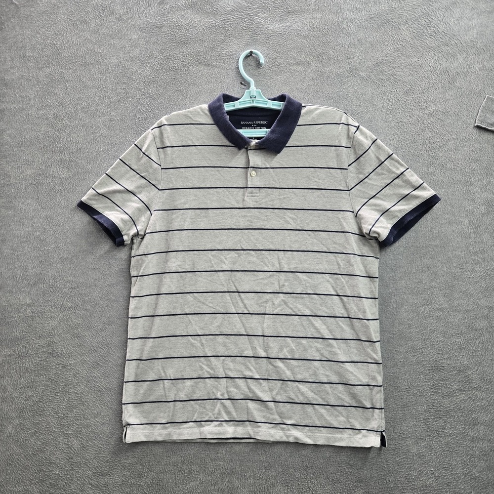 Banana Republic Men Polo L Gray Navy Striped Organic Cotton Short Sleeve
